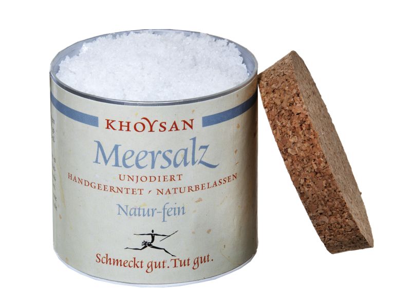 Meersalz Natur fein von khoysan, offene Dose mit Korkdeckel